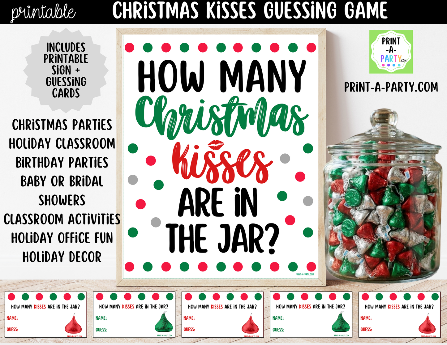 Christmas Kisses Jar Game Printable Sign (8x10) & guessing cards for holiday parties and events
