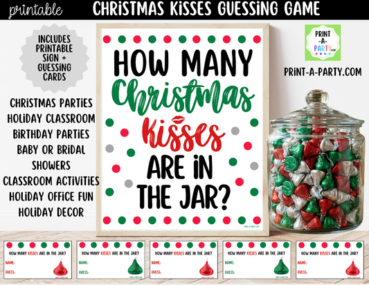 Christmas Kisses Jar Game Printable Sign (8x10) & guessing cards for holiday parties and events