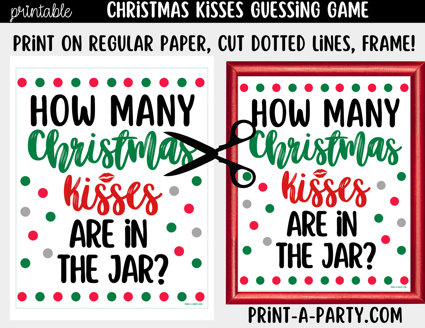 Christmas Kisses Jar Game Printable Sign (8x10) & guessing cards for holiday parties and events