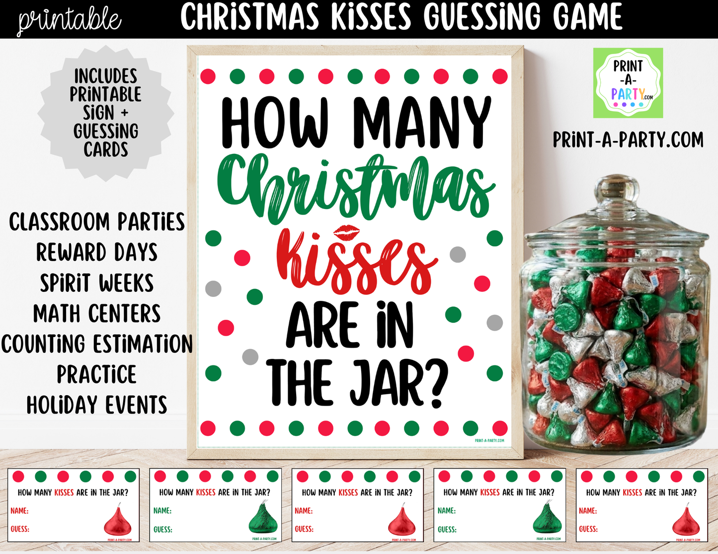Christmas Kisses Jar Game Printable Sign (8x10) & guessing cards for holiday parties and events