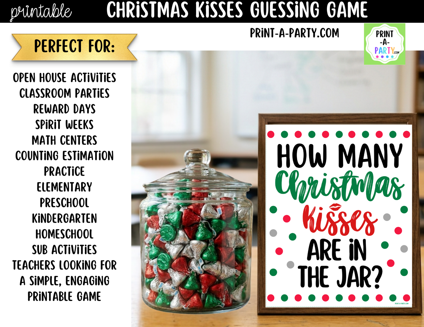 Christmas Kisses Jar Game Printable Sign (8x10) & guessing cards for holiday parties and events