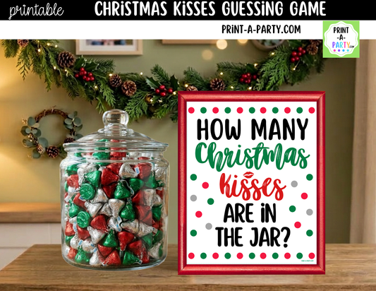 Christmas Kisses Jar Game Printable Sign (8x10) & guessing cards for holiday parties and events