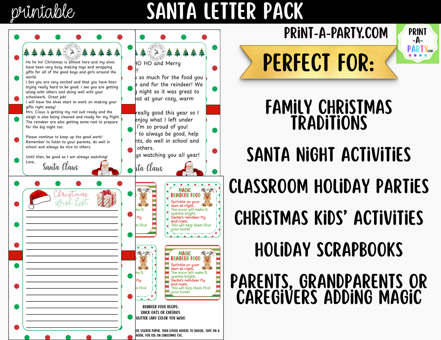 Printable Santa Letter Pack - Letters from Santa, Reindeer Food Labels and Christmas Wish List for Kids