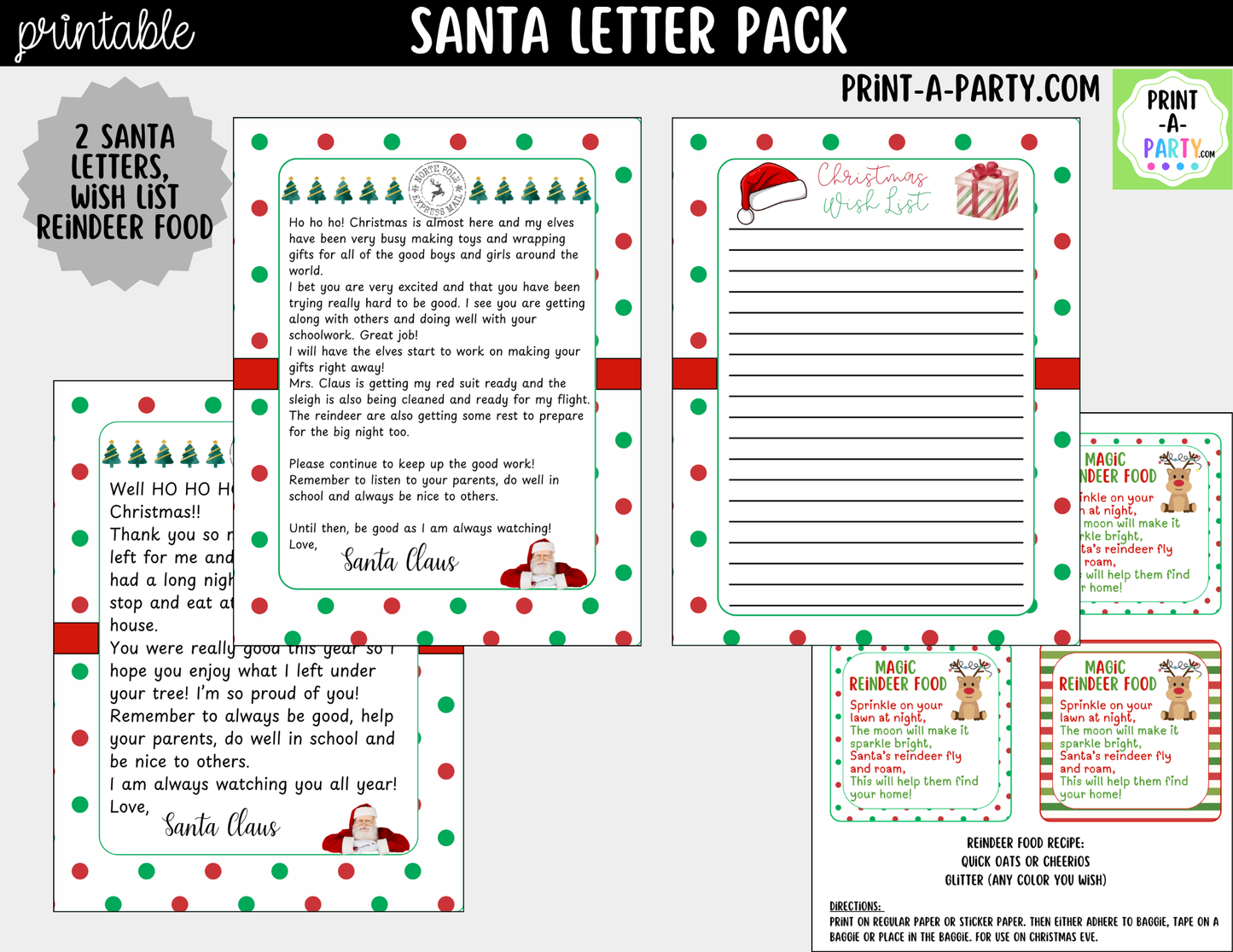 Printable Santa Letter Pack - Letters from Santa, Reindeer Food Labels and Christmas Wish List for Kids