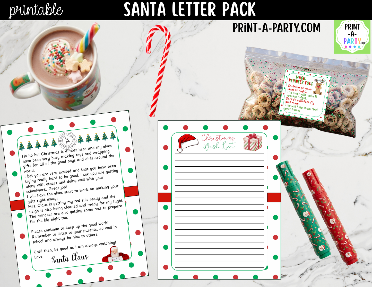 Printable Santa Letter Pack - Letters from Santa, Reindeer Food Labels and Christmas Wish List for Kids