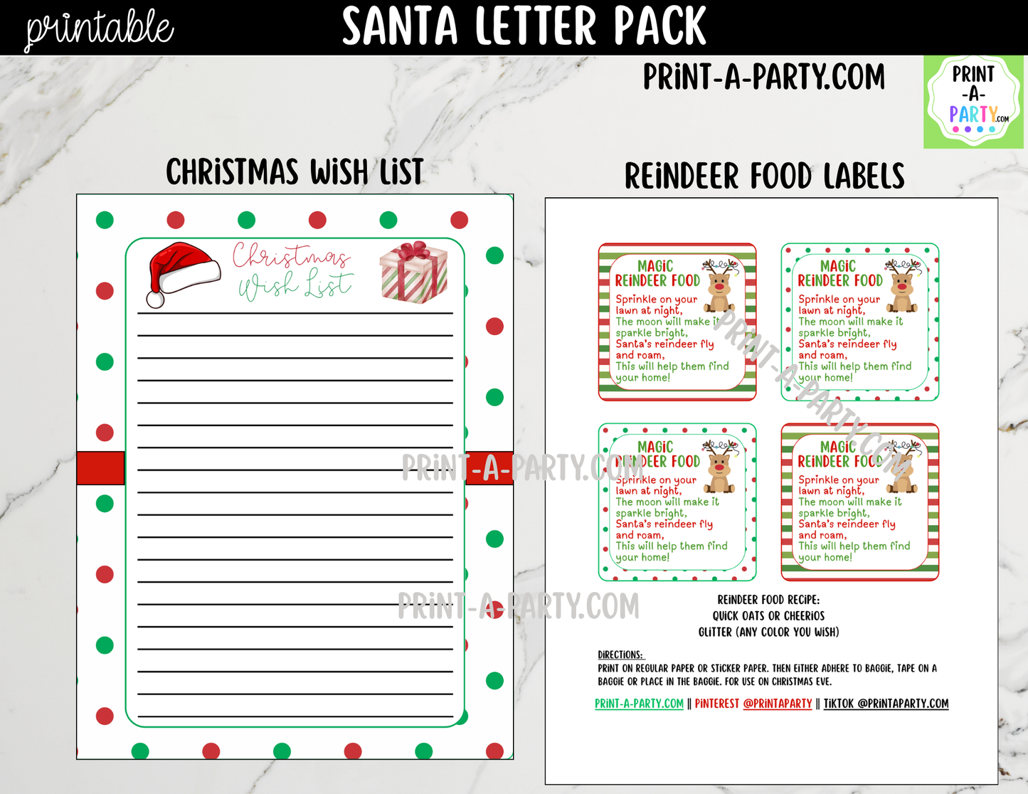 Printable Santa Letter Pack - Letters from Santa, Reindeer Food Labels and Christmas Wish List for Kids