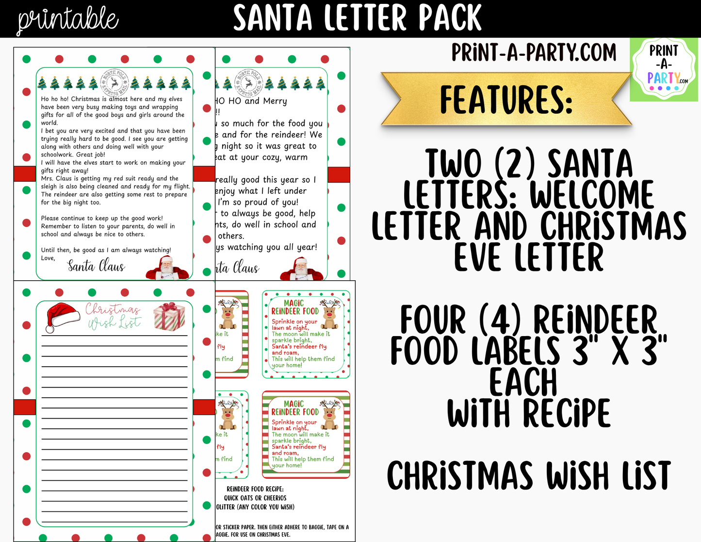 Printable Santa Letter Pack - Letters from Santa, Reindeer Food Labels and Christmas Wish List for Kids