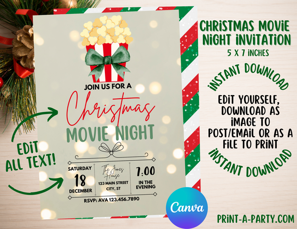 CHRISTMAS EDITABLE INVITATION: CHRISTMAS MOVIE NIGHT INVITATION - EDITABLE PRINTABLE | Christmas Party Invite | Christmas Movie Night | Christmas Party Customization