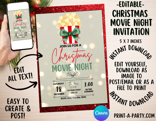 CHRISTMAS EDITABLE INVITATION: CHRISTMAS MOVIE NIGHT INVITATION - EDITABLE PRINTABLE | Christmas Party Invite | Christmas Movie Night | Christmas Party Customization