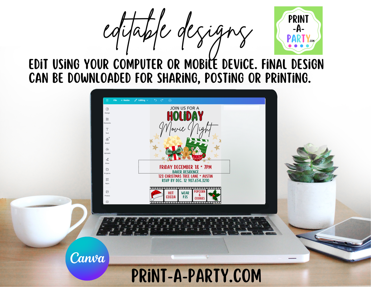 HOLIDAY MOVIE NIGHT Editable Invitation Template – Customizable Festive Invite for School, Work & Church Events