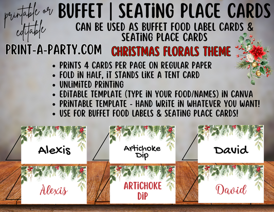 DIY Printable or Editable Buffet Food Label Cards or Seating Place Cards | CHRISTMAS Theme | Place Card Signs | Buffet Labels | Food Labels | Christmas Party Idea