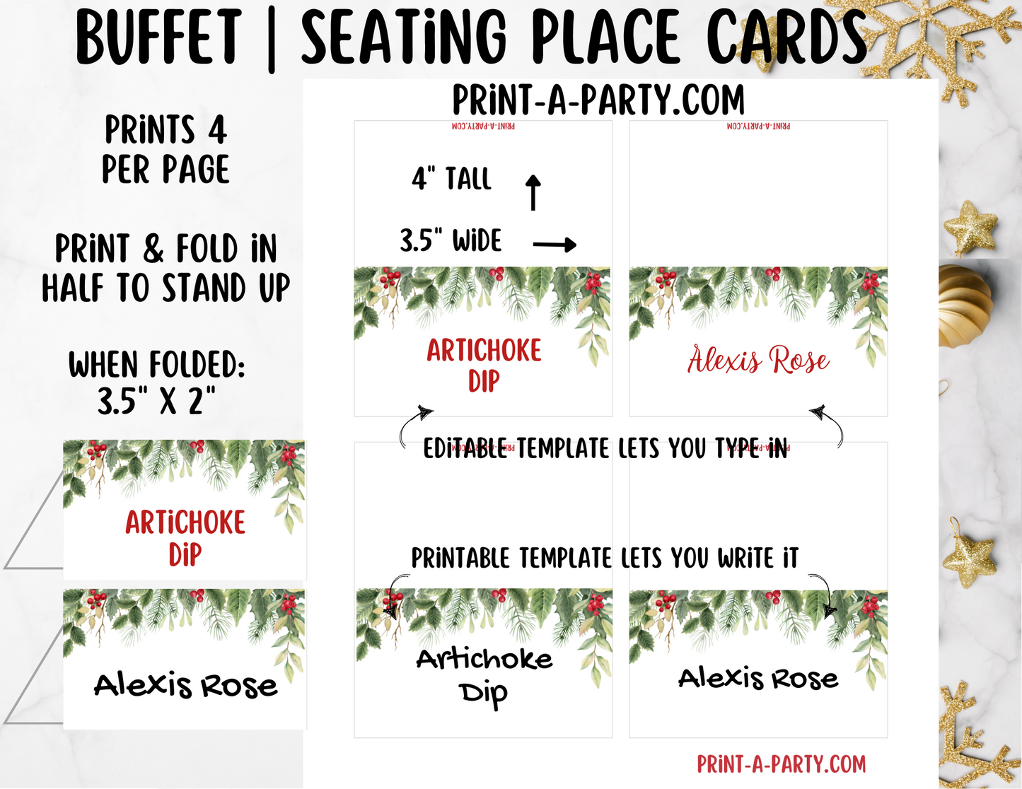 DIY Printable or Editable Buffet Food Label Cards or Seating Place Cards | CHRISTMAS Theme | Place Card Signs | Buffet Labels | Food Labels | Christmas Party Idea