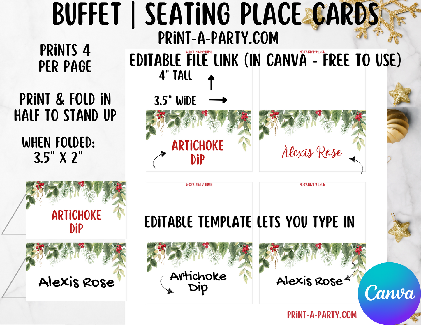 DIY Printable or Editable Buffet Food Label Cards or Seating Place Cards | CHRISTMAS Theme | Place Card Signs | Buffet Labels | Food Labels | Christmas Party Idea