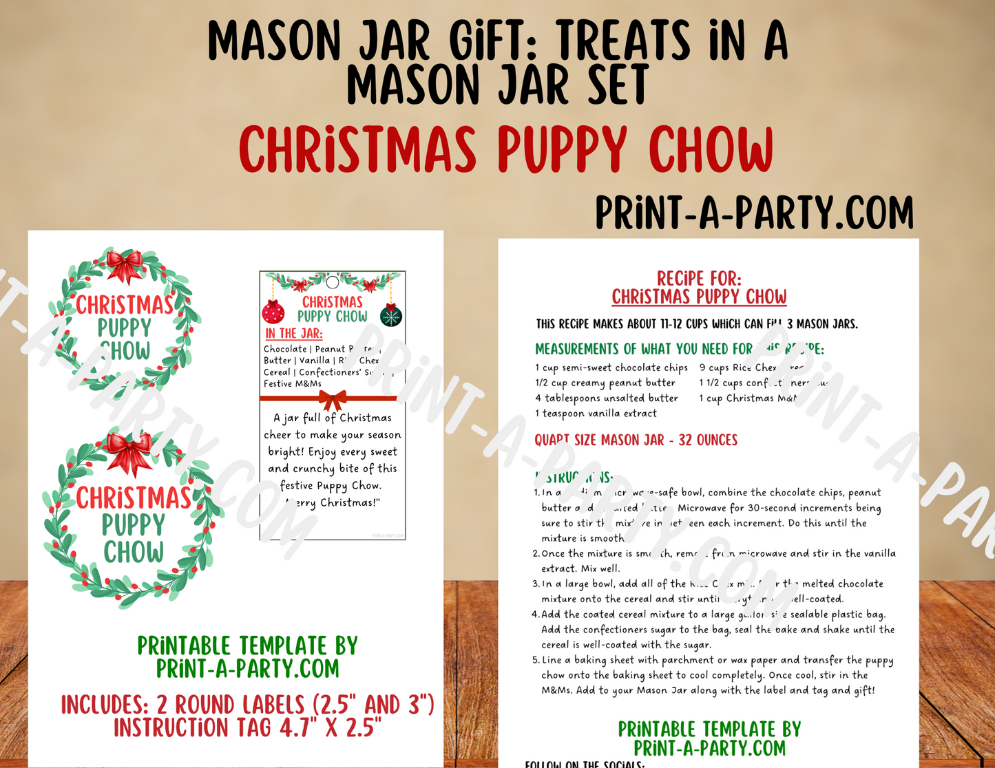 MASON JAR TREAT GIFT: Christmas Puppy Chow in a Mason Jar | Treat in a jar gift | Christmas Puppy Chow Mason Jar | Mason Jar Gift Kit | Holiday Gift Idea