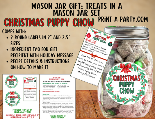 MASON JAR GIFT: Christmas Puppy Chow in a Mason Jar Printable Kit - Muddy Buddies DIY Holiday Gift for Teachers, Neighbors, Coworkers and more!