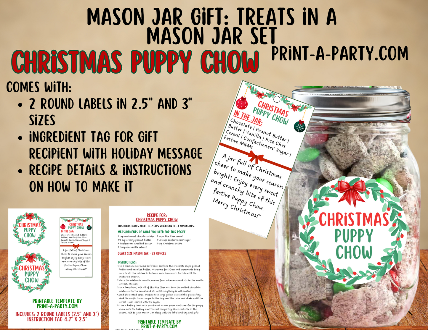 MASON JAR TREAT GIFT: Christmas Puppy Chow in a Mason Jar | Treat in a jar gift | Christmas Puppy Chow Mason Jar | Mason Jar Gift Kit | Holiday Gift Idea