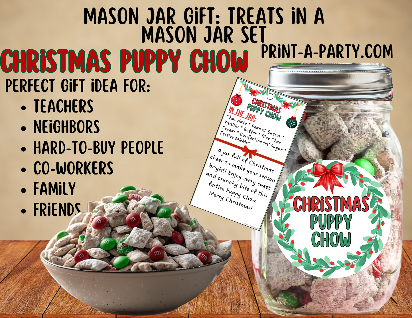 MASON JAR GIFT: Christmas Puppy Chow in a Mason Jar Printable Kit - Muddy Buddies DIY Holiday Gift for Teachers, Neighbors, Coworkers and more!