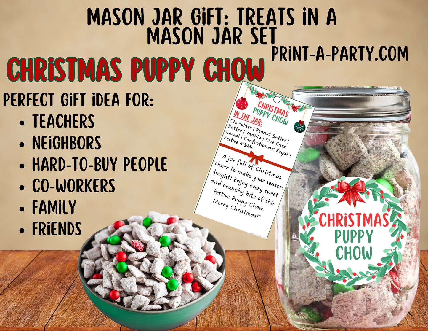 MASON JAR TREAT GIFT: Christmas Puppy Chow in a Mason Jar | Treat in a jar gift | Christmas Puppy Chow Mason Jar | Mason Jar Gift Kit | Holiday Gift Idea