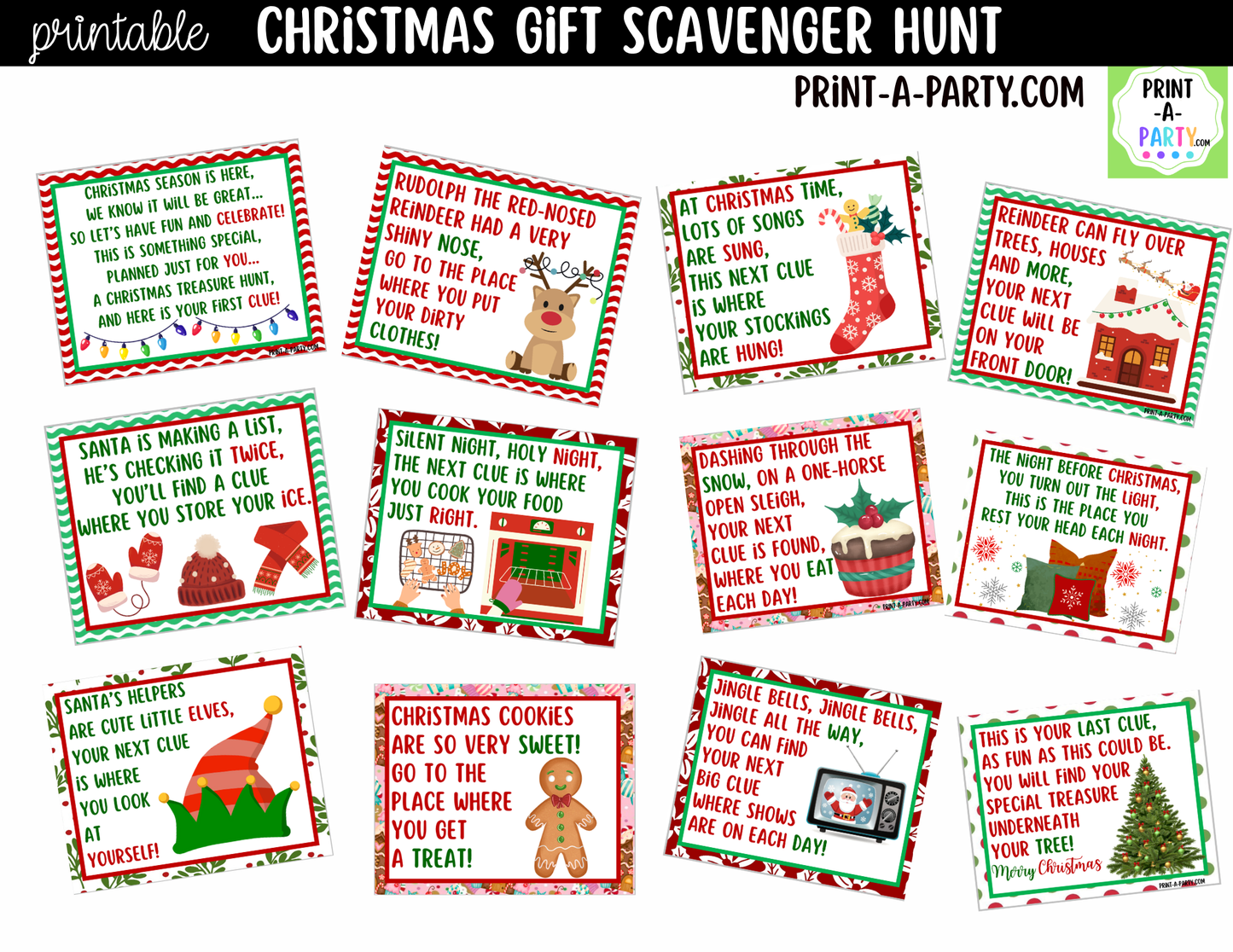 Christmas Scavenger Hunt Clue Cards Printable | Hide a Gift or Treat for Kids