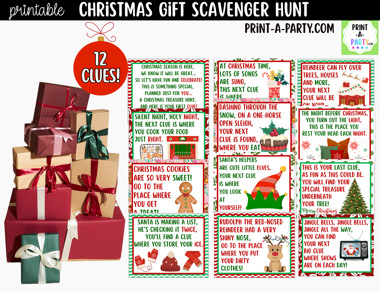 Christmas Scavenger Hunt Clue Cards Printable | Hide a Gift or Treat for Kids