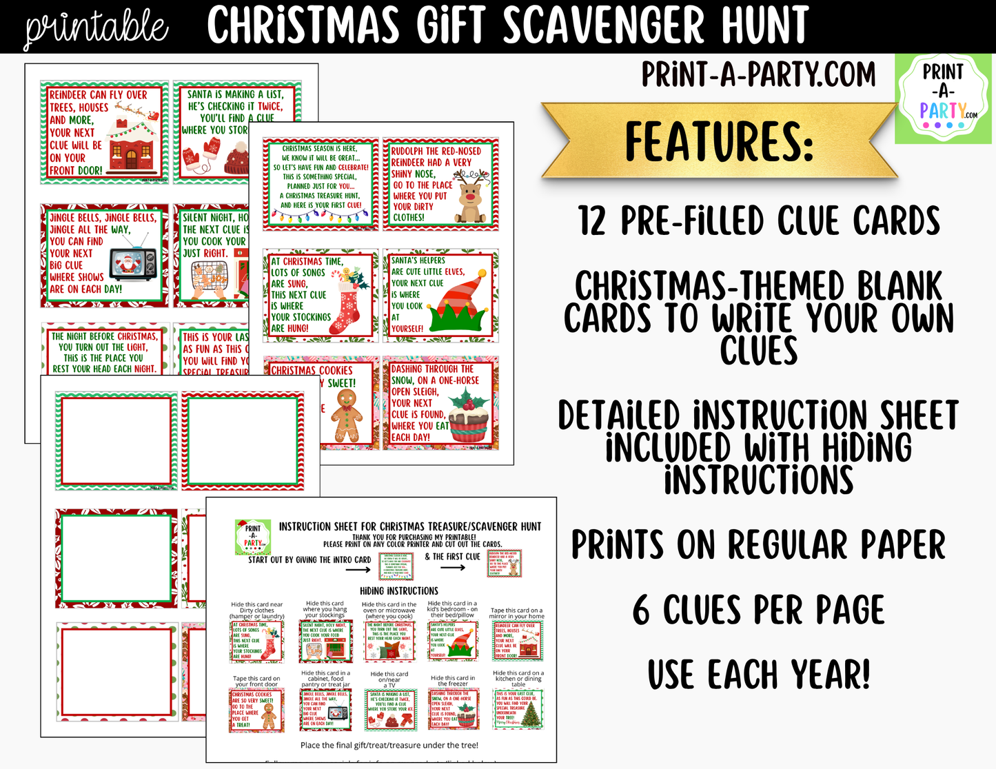 Christmas Scavenger Hunt Clue Cards Printable | Hide a Gift or Treat for Kids