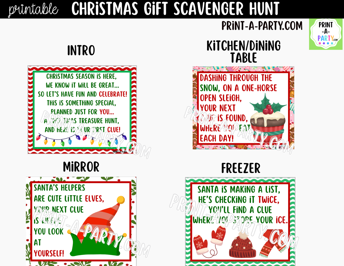 Christmas Scavenger Hunt Clue Cards Printable | Hide a Gift or Treat for Kids
