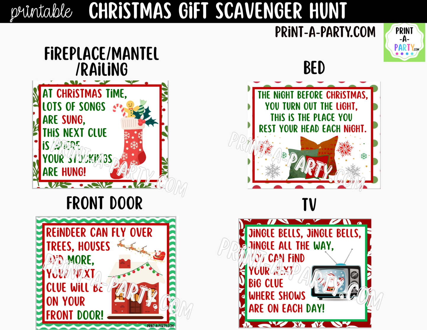 Christmas Scavenger Hunt Clue Cards Printable | Hide a Gift or Treat for Kids