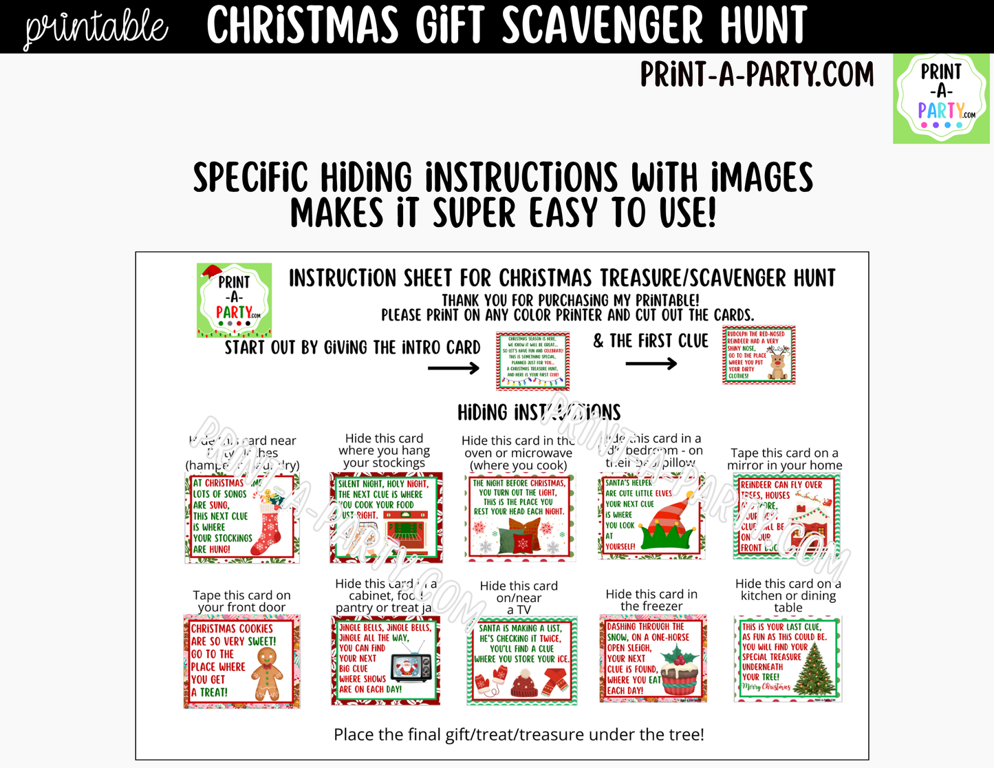 Christmas Scavenger Hunt Clue Cards Printable | Hide a Gift or Treat for Kids