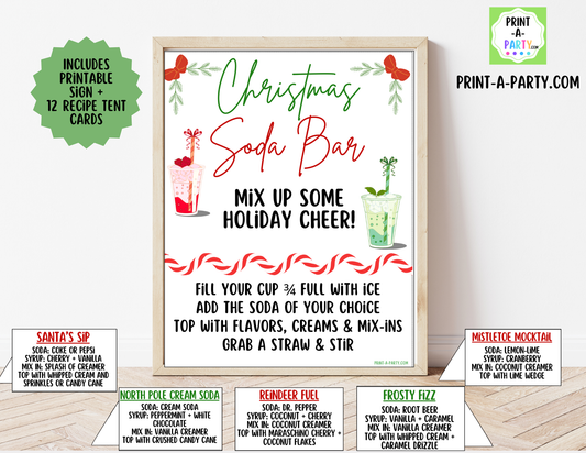 SODA BAR - Printable Christmas Soda Bar Printable Kit - Holiday Dirty Soda Sign & Recipe Tent Cards (12 recipes!)