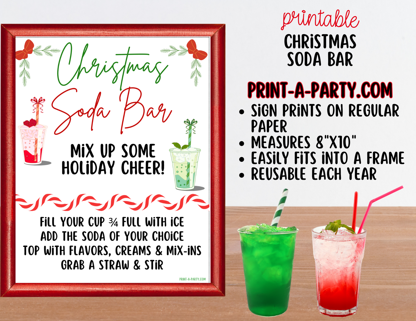 SODA BAR - Printable Christmas Soda Bar Printable Kit - Holiday Dirty Soda Sign & Recipe Tent Cards (12 recipes!)