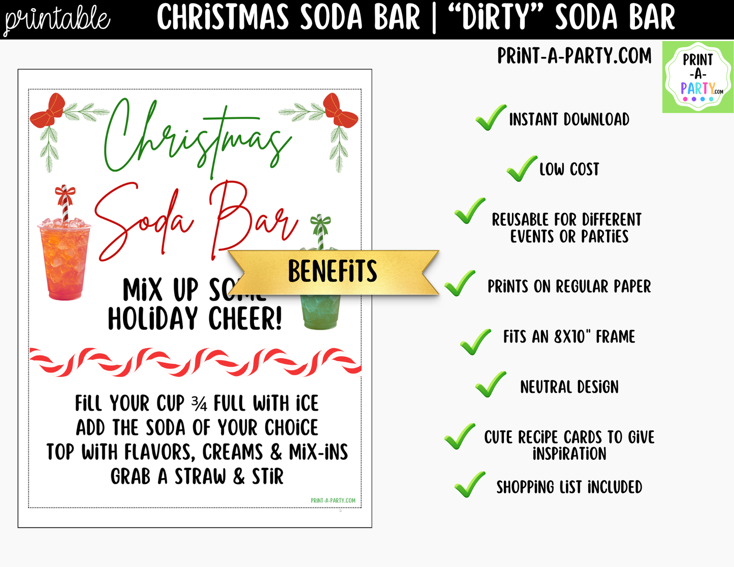 Christmas Soda Bar Kit - Printable Holiday Dirty Soda Sign (8x10) & Recipe Tent Cards (12 recipes!)
