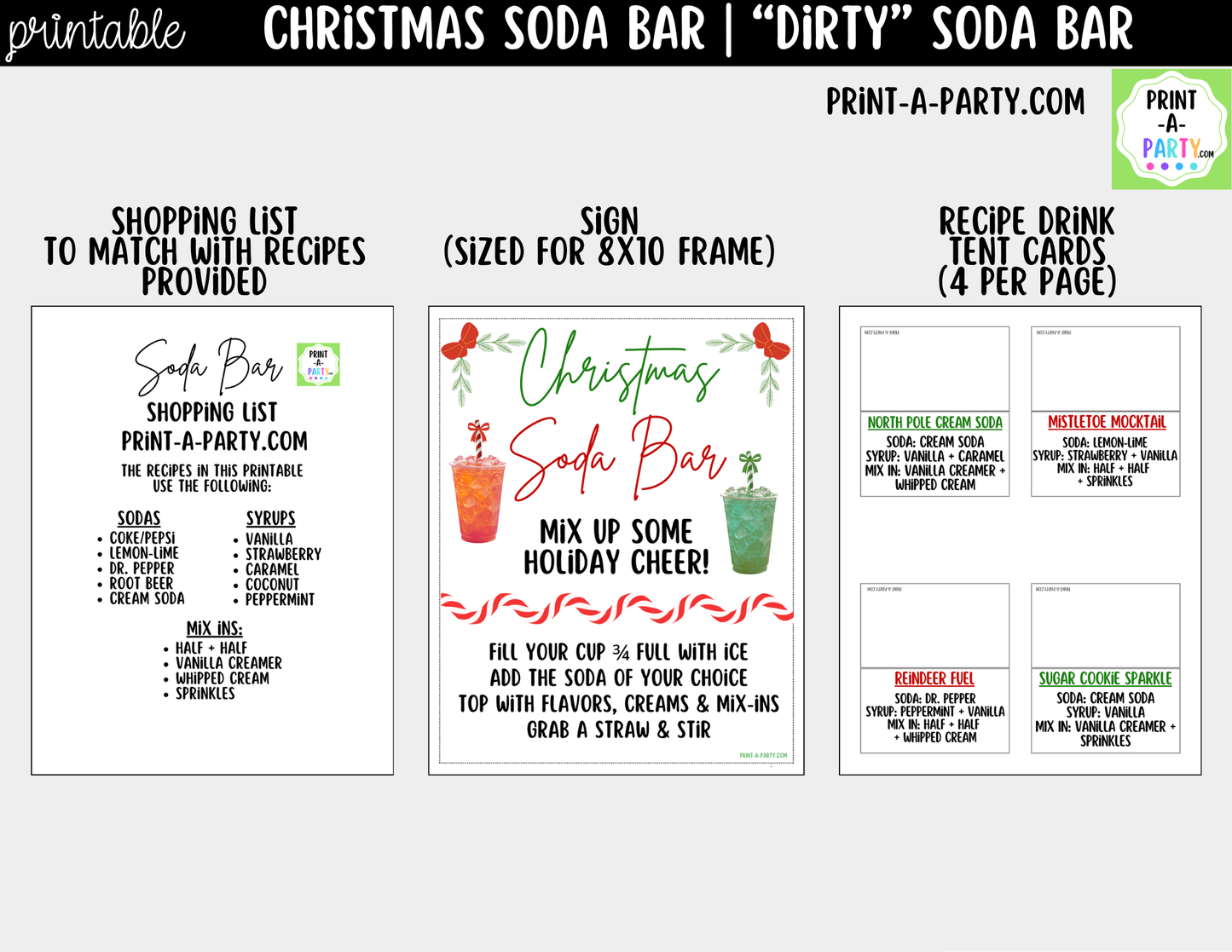 Christmas Soda Bar Kit - Printable Holiday Dirty Soda Sign (8x10) & Recipe Tent Cards (12 recipes!)