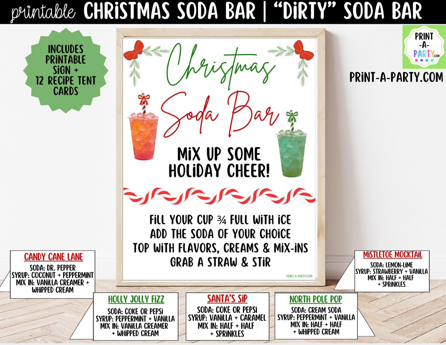 Christmas Soda Bar Kit - Printable Holiday Dirty Soda Sign (8x10) & Recipe Tent Cards (12 recipes!)