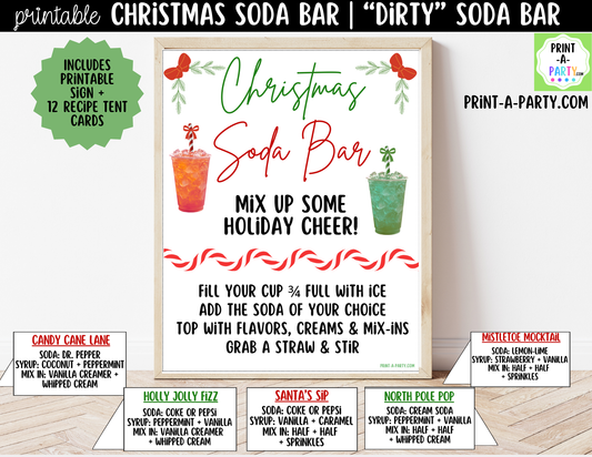Christmas Soda Bar Kit - Printable Holiday Dirty Soda Sign (8x10) & Recipe Tent Cards (12 recipes!)