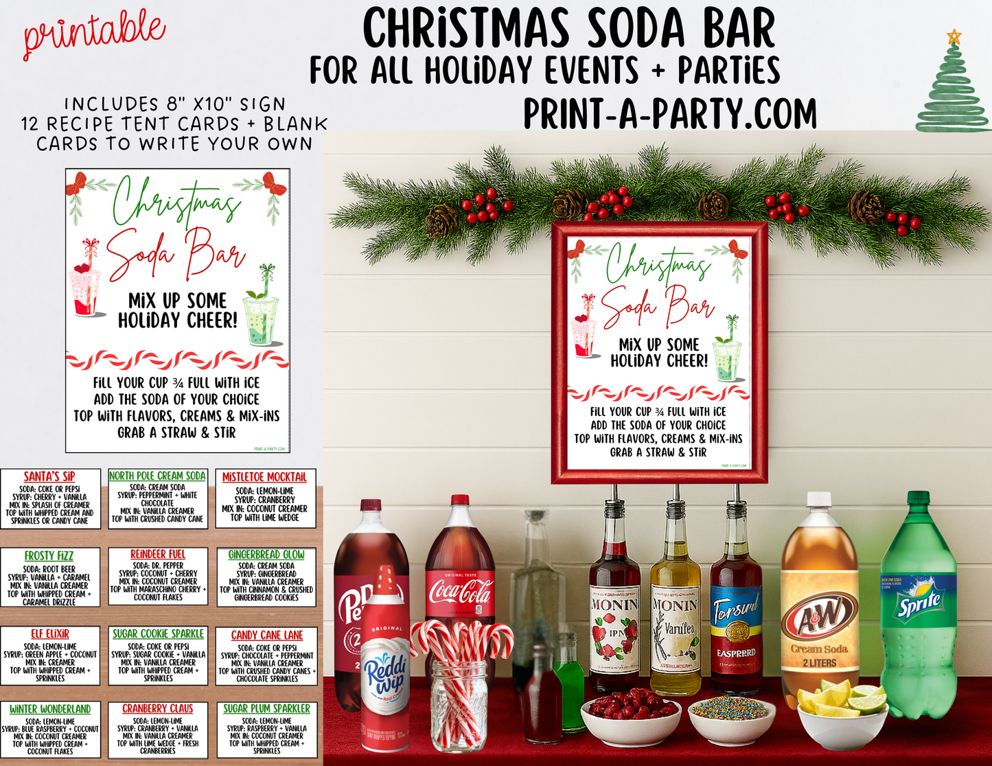 SODA BAR - Printable Christmas Soda Bar Printable Kit - Holiday Dirty Soda Sign & Recipe Tent Cards (12 recipes!)