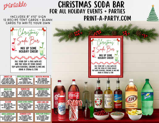 SODA BAR - Printable Christmas Soda Bar Printable Kit - Holiday Dirty Soda Sign & Recipe Tent Cards (12 recipes!)