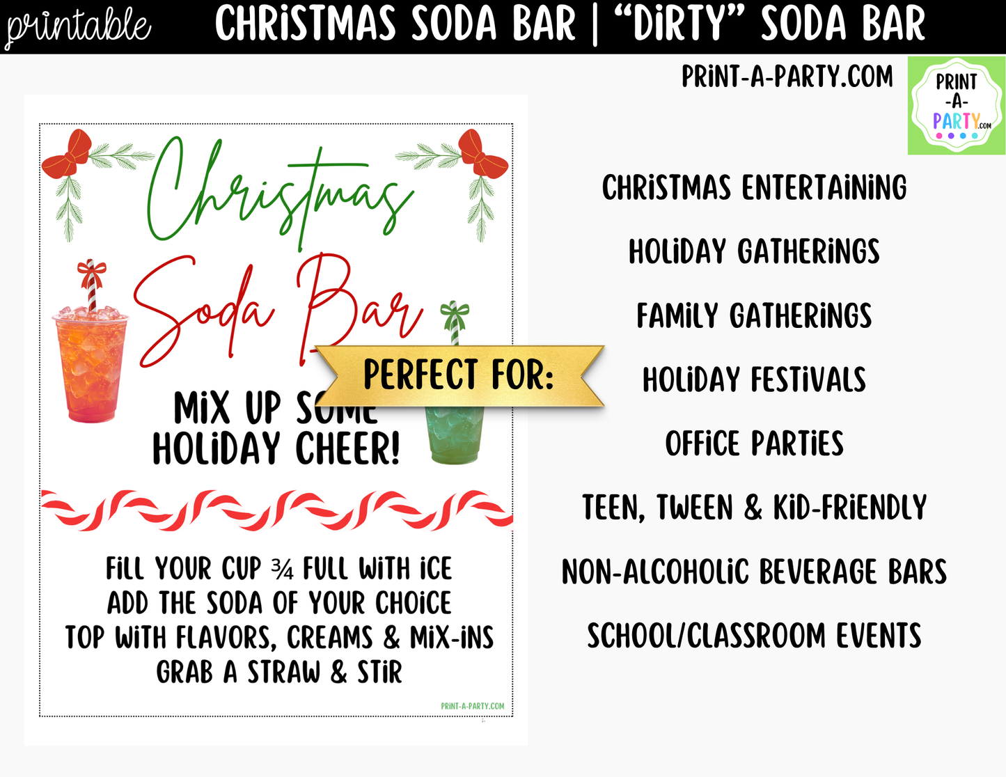 Christmas Soda Bar Kit - Printable Holiday Dirty Soda Sign (8x10) & Recipe Tent Cards (12 recipes!)