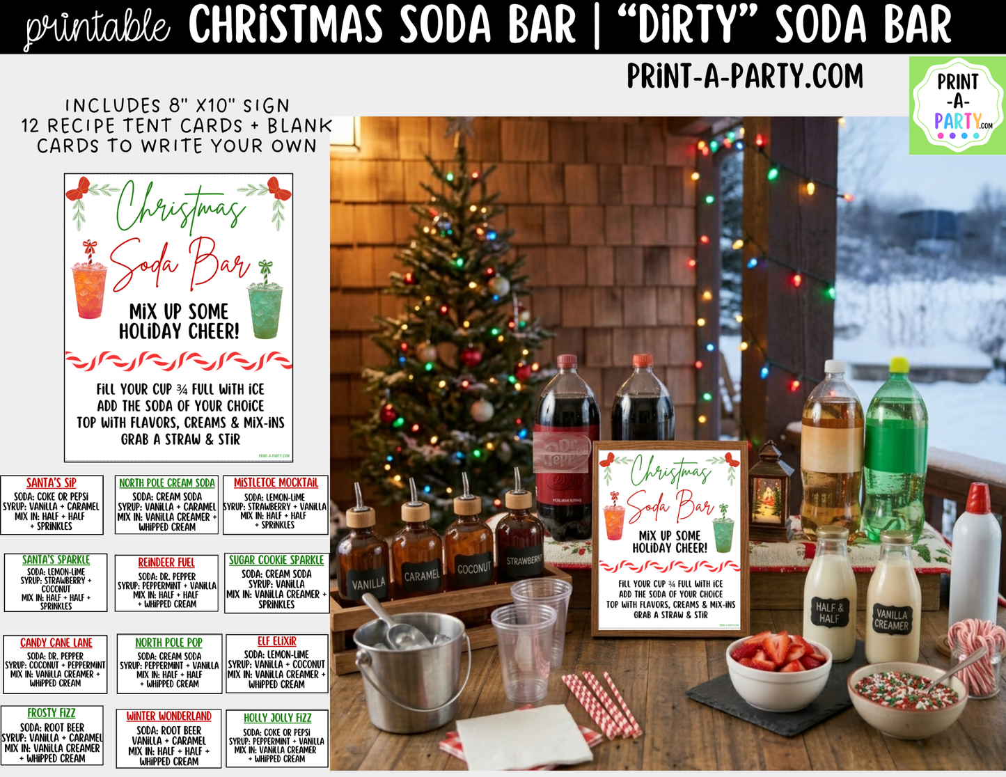 Christmas Soda Bar Kit - Printable Holiday Dirty Soda Sign (8x10) & Recipe Tent Cards (12 recipes!)
