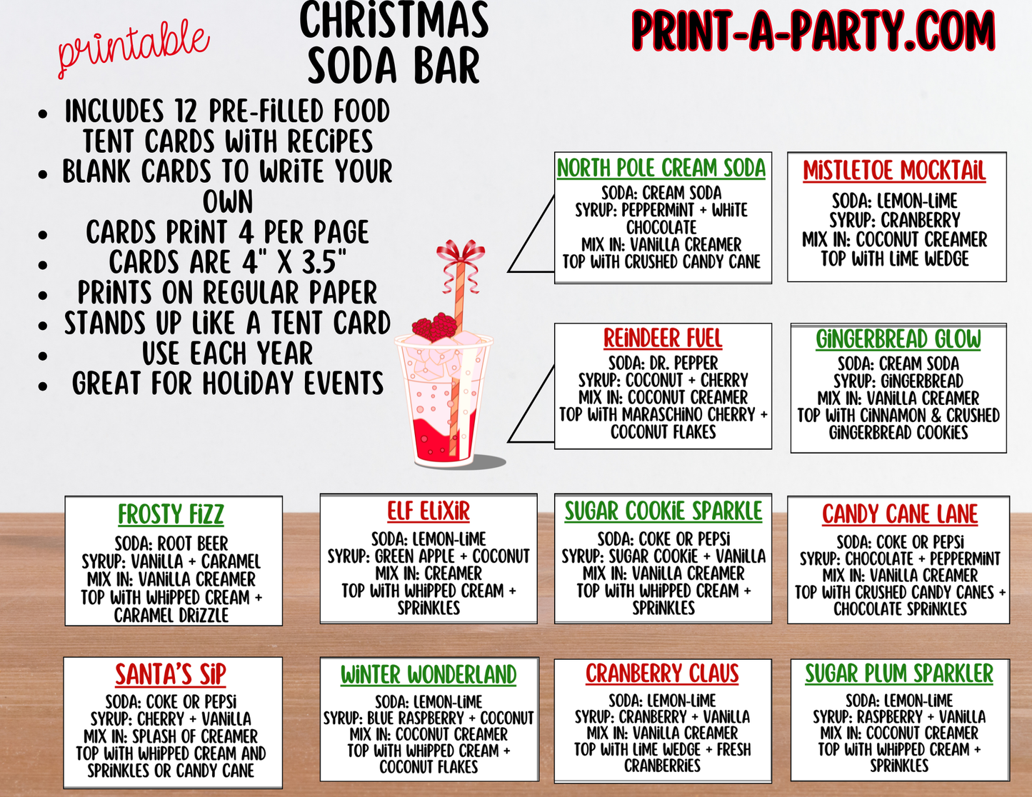 SODA BAR - Printable Christmas Soda Bar Printable Kit - Holiday Dirty Soda Sign & Recipe Tent Cards (12 recipes!)