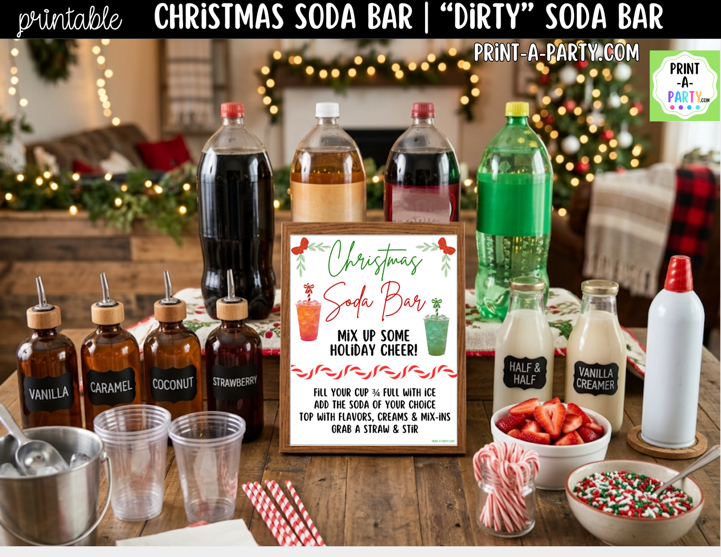 Christmas Soda Bar Kit - Printable Holiday Dirty Soda Sign (8x10) & Recipe Tent Cards (12 recipes!)