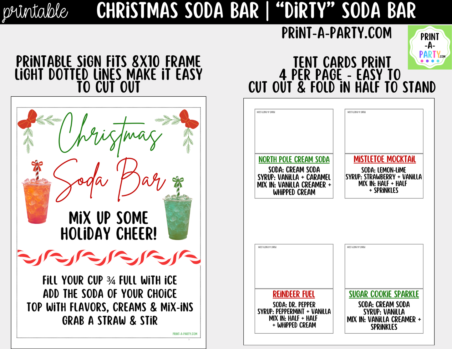 Christmas Soda Bar Kit - Printable Holiday Dirty Soda Sign (8x10) & Recipe Tent Cards (12 recipes!)
