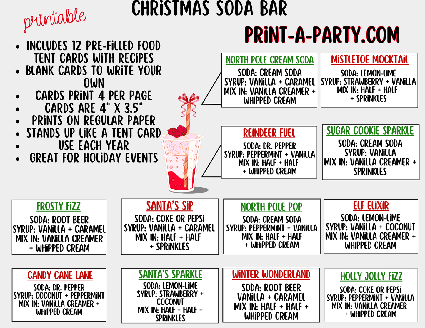 Christmas Soda Bar Kit - Printable Holiday Dirty Soda Sign (8x10) & Recipe Tent Cards (12 recipes!)