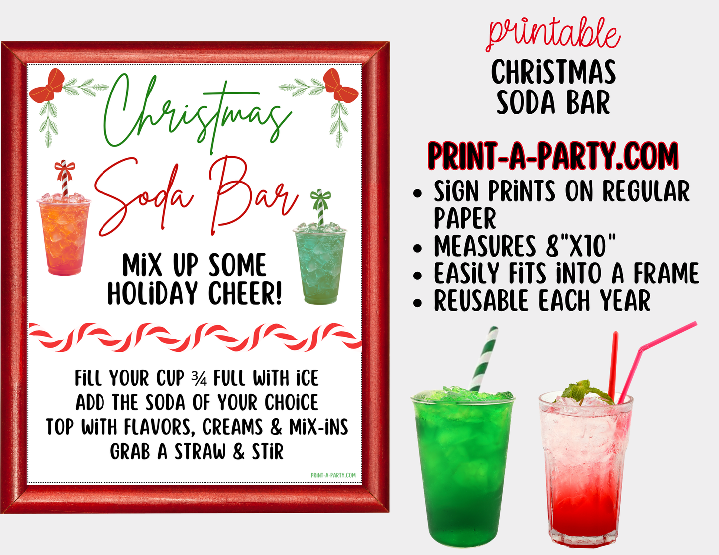 Christmas Soda Bar Kit - Printable Holiday Dirty Soda Sign (8x10) & Recipe Tent Cards (12 recipes!)
