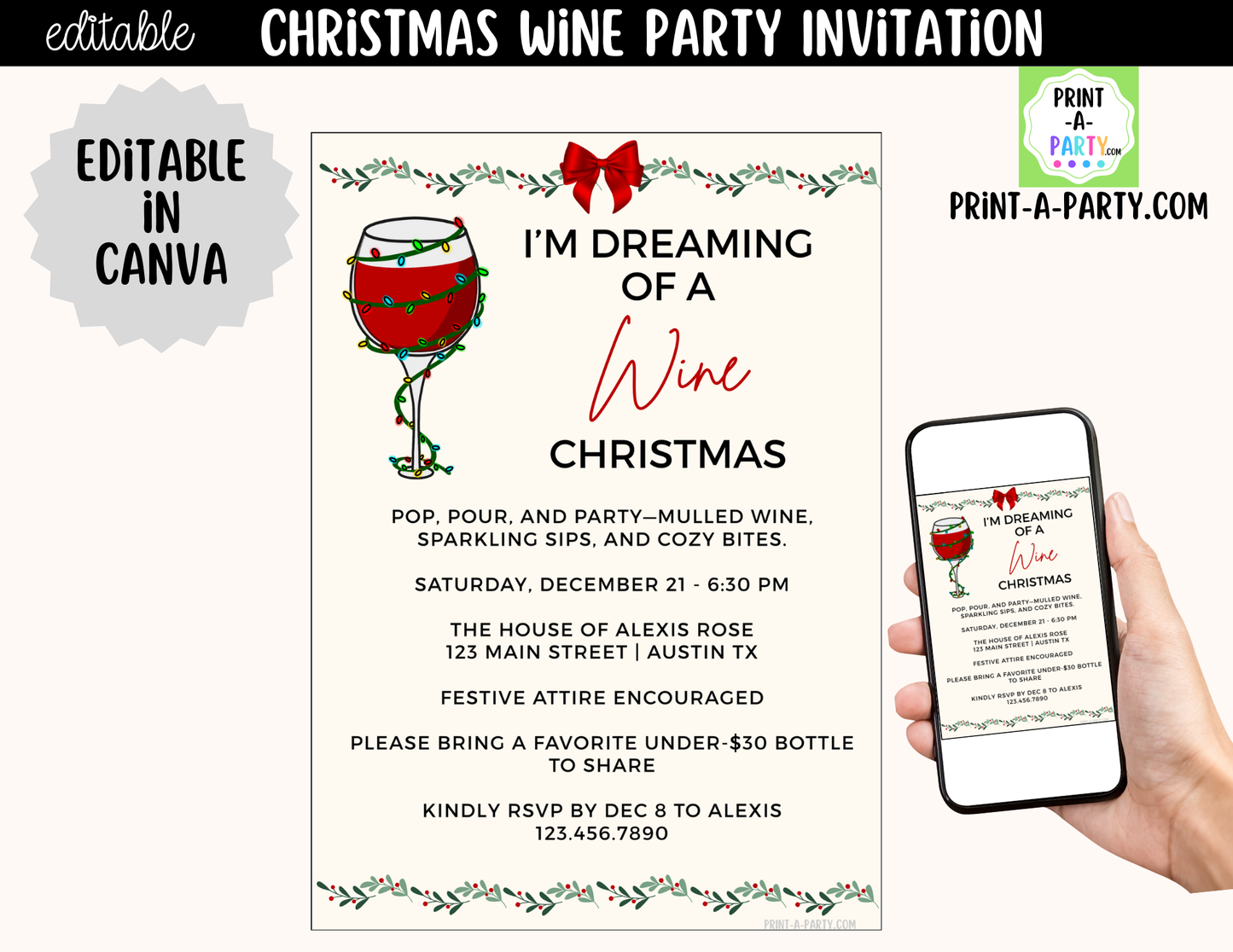 Christmas Wine Party Invitation | Editable Canva Holiday Girls Night & Friendsmas Invite