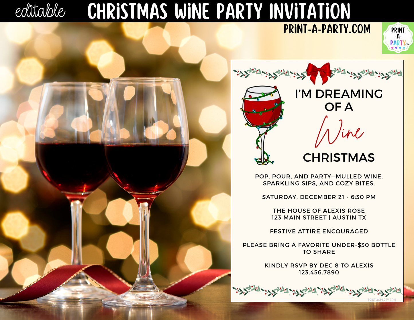 Christmas Wine Party Invitation | Editable Canva Holiday Girls Night & Friendsmas Invite