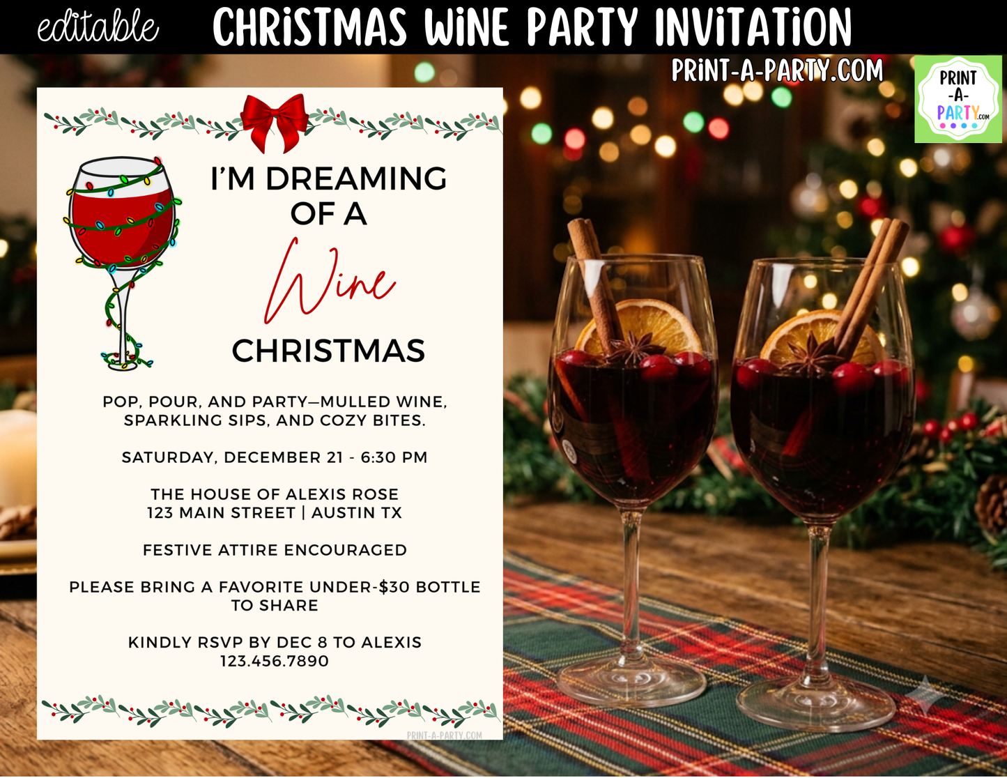 Christmas Wine Party Invitation | Editable Canva Holiday Girls Night & Friendsmas Invite