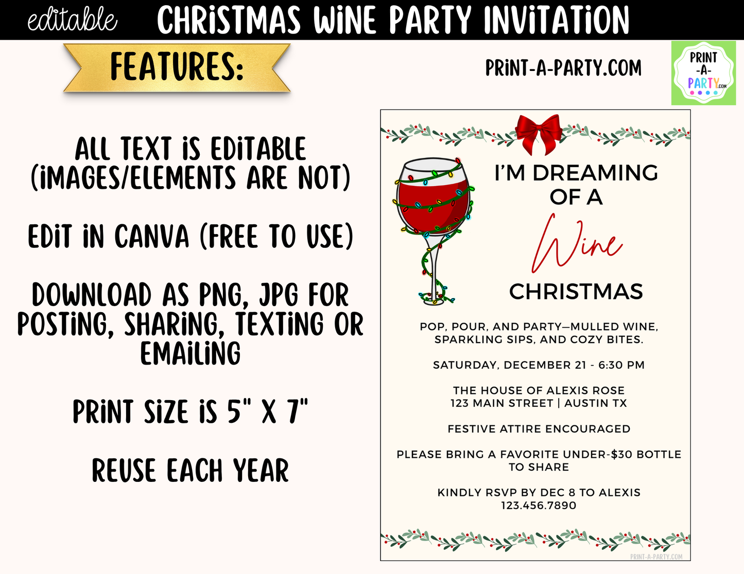 Christmas Wine Party Invitation | Editable Canva Holiday Girls Night & Friendsmas Invite