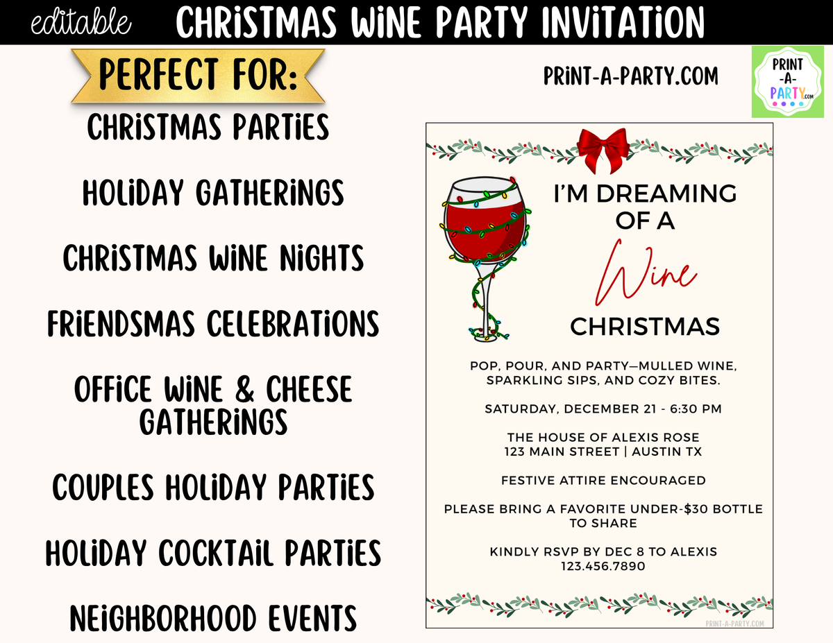 Christmas Wine Party Invitation | Editable Canva Holiday Girls Night & Friendsmas Invite