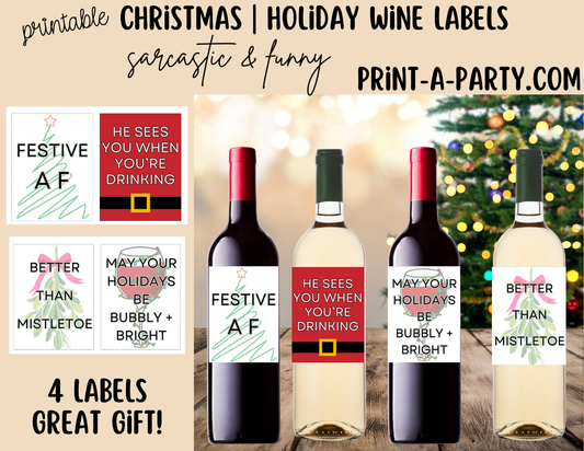 WINE LABELS: Funny Christmas Wine Labels – Printable Holiday Bottle Stickers for Holiday Host Gifts and Table Decor