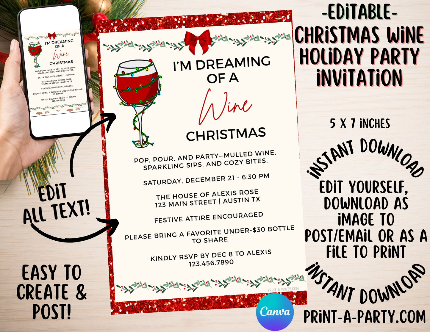 CHRISTMAS WINE PARTY Invite - Editable Christmas Wine Party Invitation Template – Holiday Girls Night, Work Party, or Friendsmas Invite